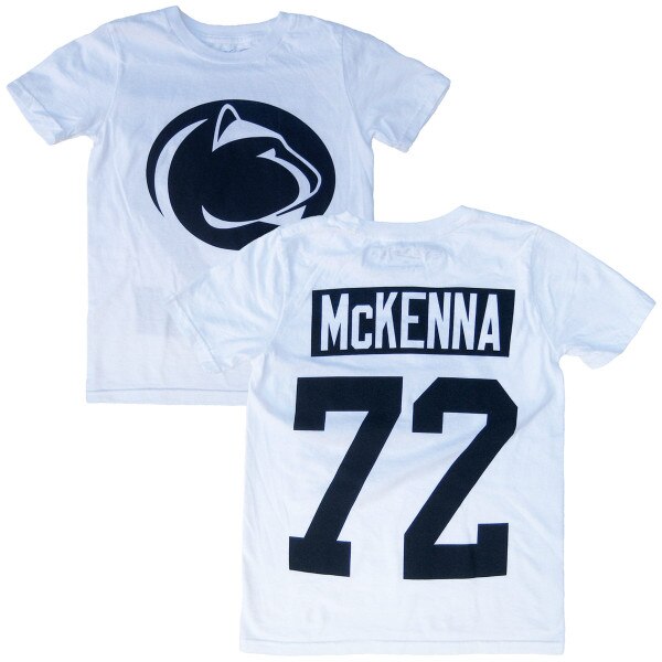 youth white short sleeve t-shirt Penn State Athletic Logo on front, McKenna #72 on back